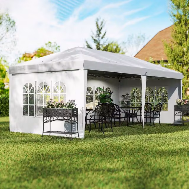 Outsunny White Pop Up Gazebo with Sidewalls and Storage Bag, W: 6 m, D: 3 m, H: 2.7 m – 6