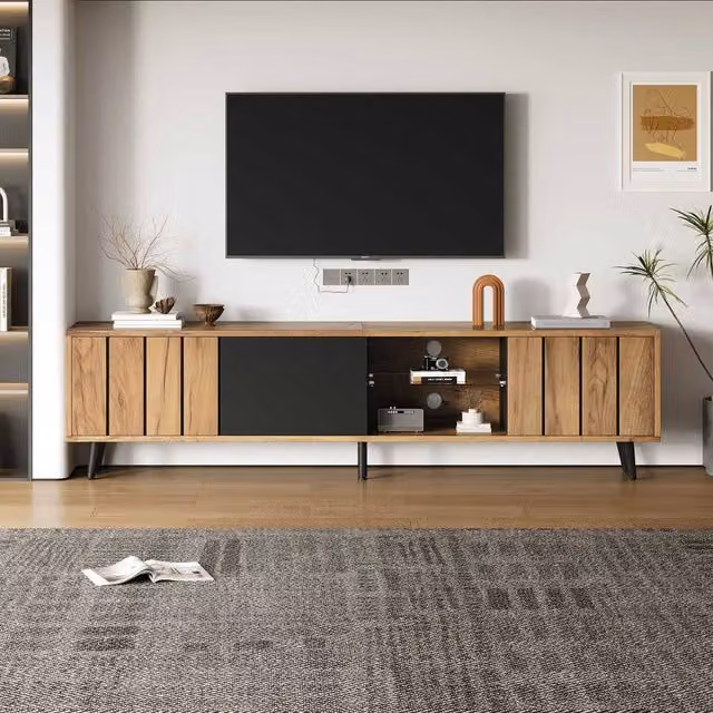 STILVORA Modern Brown TV Stand with 3 Doors and Tempered Glass Shelf – 1