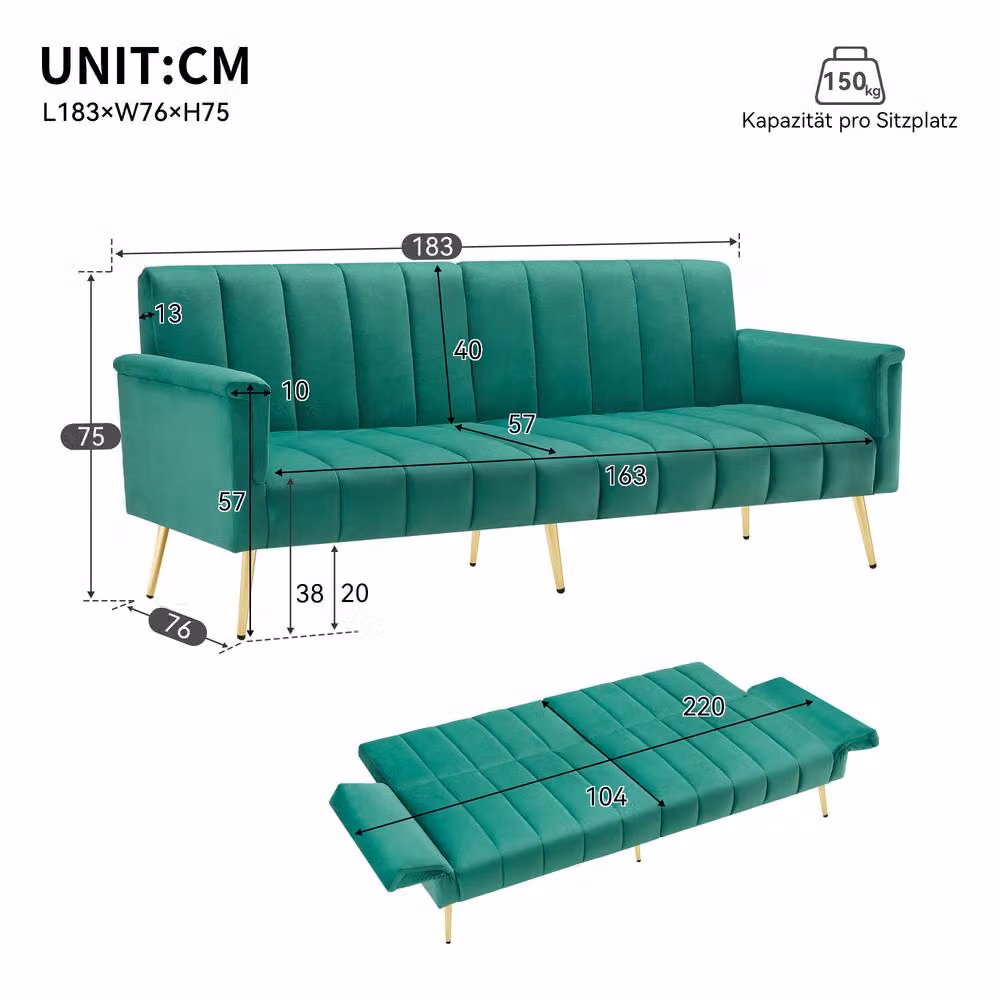 BTM Green Velvet Folding Sofa Bed with Foam Upholstery and Removable Covers, W/D/H: 183 x 75 x 76 cm – 4