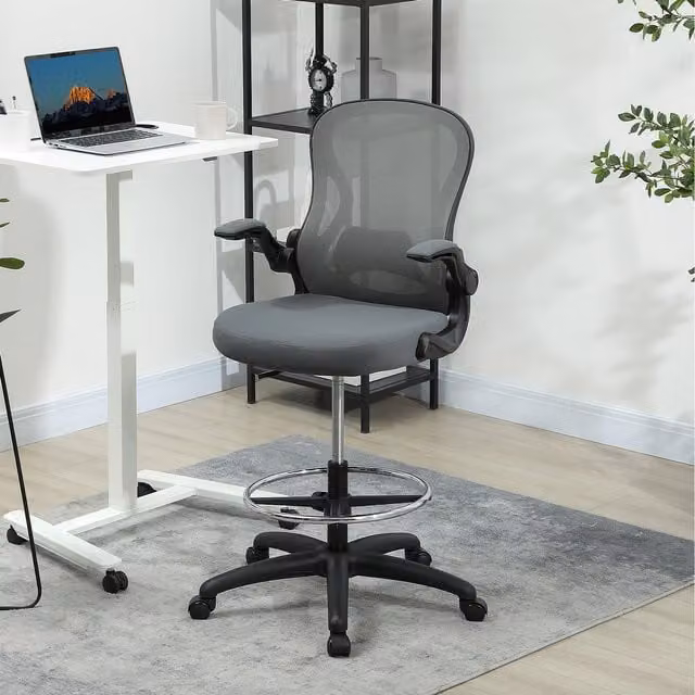 Vinsetto Grey Fabric Drafting Chair with Armrests and Foot Ring