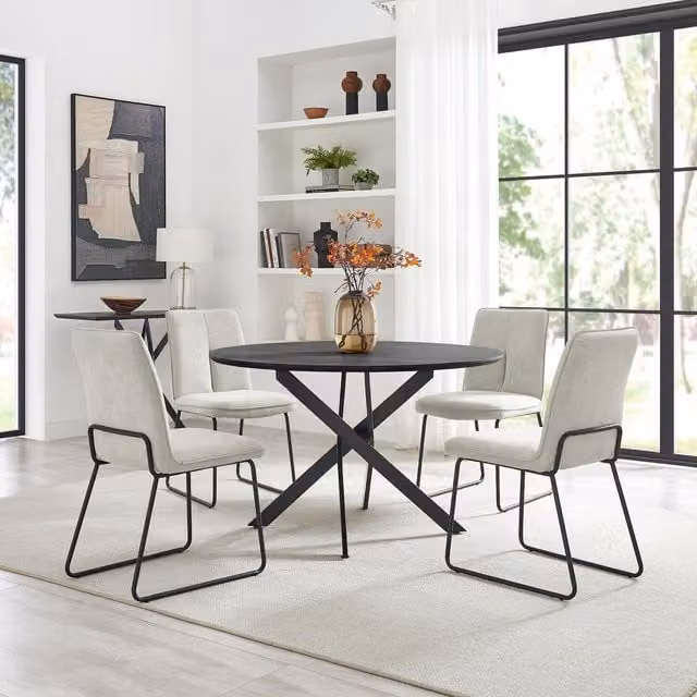 FurnitureboxUK Novara Round Dining Table with 6 Halle Fabric Chairs, Black and Cream