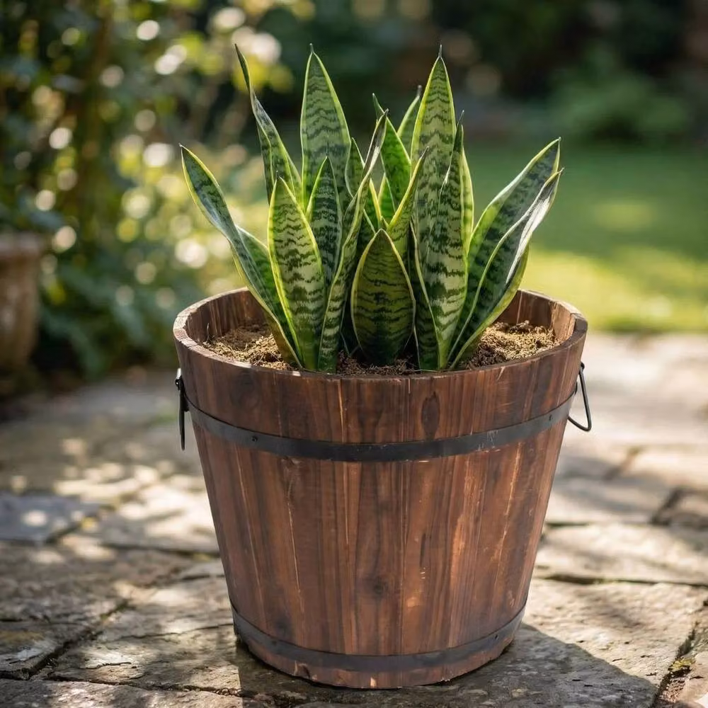 EONLION Large Brown Wooden and Metal Garden Planter Tub – 3