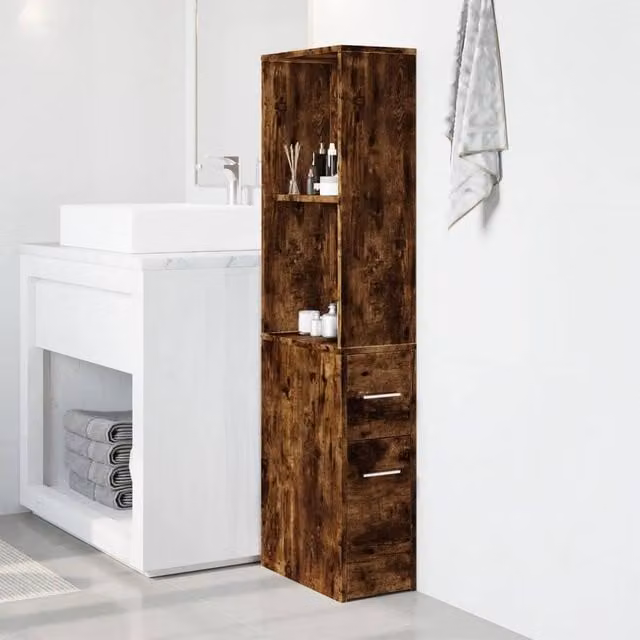 Berkfield Home Narrow Bathroom Cupboard with Wheels in Smoked Oak Brown, W/D/H: 22.0 x 41.0 x 135.0 cm – 1