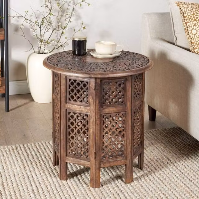 Wyld and Coco Round Mango Wood Side Table in Brown, Diameter: 53 cm