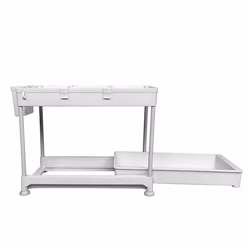 AMOS 2-Tier Sliding Under Sink Storage Organiser with 4 Hooks, White