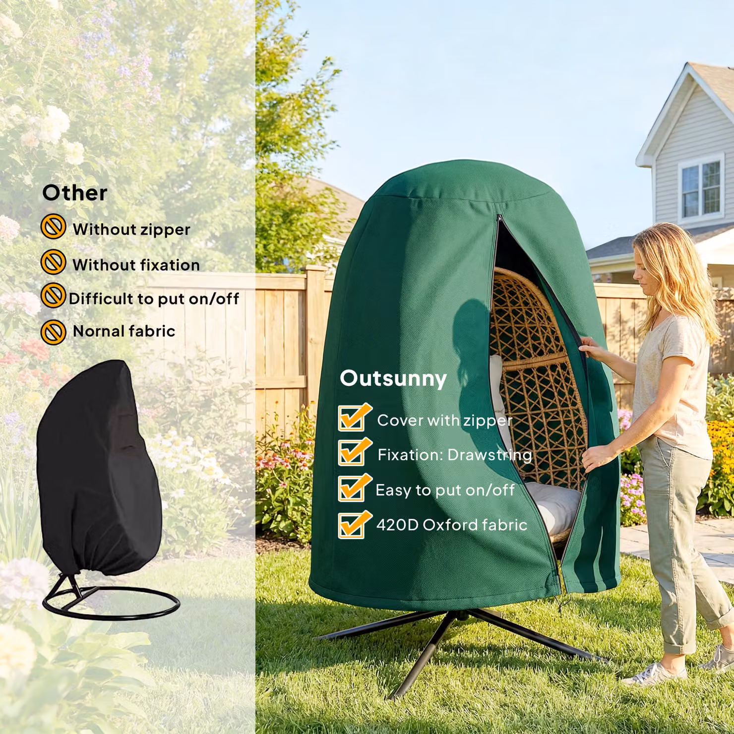Outsunny Green Hanging Egg Chair Furniture Cover with Oxford Fabric and Zip, H: 190 cm, Φ: 128 cm – 5