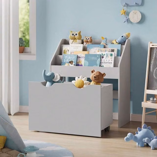 SONGMICS Kids Bookshelf and Toy Organiser in Grey and White, H 70.0 x W 62.5 x D 29.5 cm