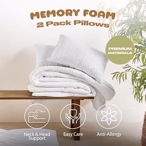 OHS 2 Pack of White Shredded Memory Foam Pillows, Cooling and Breathable for Side and Back Sleepers, W/D/H: 60 x 40 cm