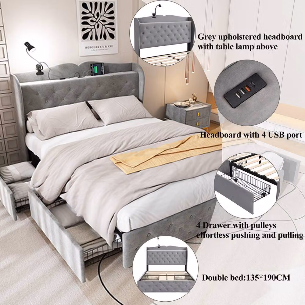 BTM Grey Velvet Single Bed with 4 Drawers, USB-C Charging Port and Integrated Reading Light, W/D/H: 90 x 200 x 113 cm – 3