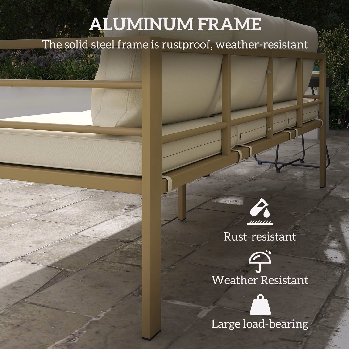 Outsunny 3-Seater Garden Bench with Cushions in Cream White, W: 185 cm, D: 66 cm, H: 64 cm – 3