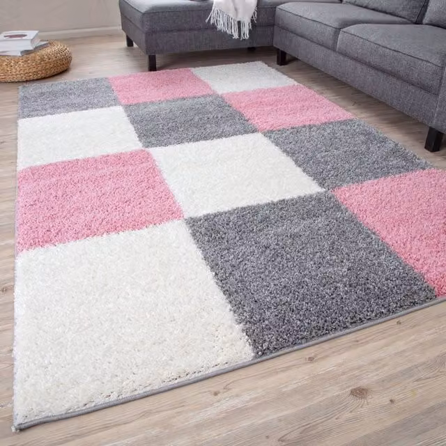 THE RUGS Soft Check High Pile Shaggy Square Rug in Pink, W/D: 120 x 120 cm – 1