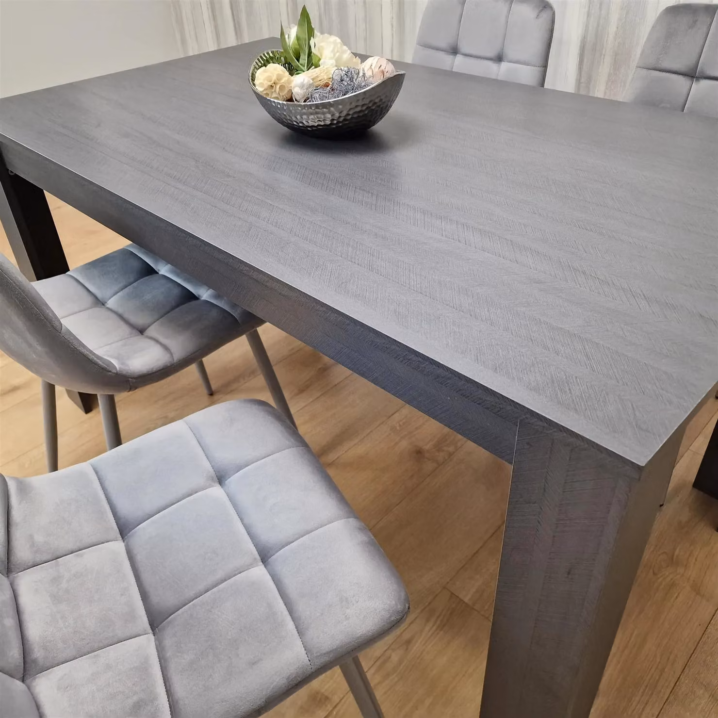 KOSY KOALA Modern Dining Set with Rectangular Brown Wood Table and 4 Grey Velvet Chairs – 2