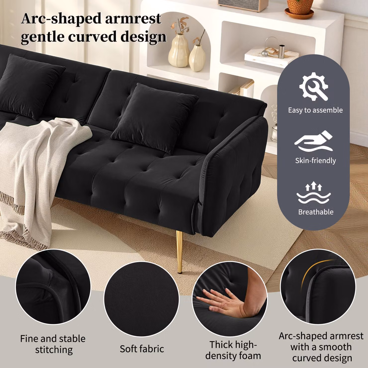 Aosom UK Black Velvet 2-Seater Click-Clack Sofa Bed with Gold Accents, W/D/H: 178 x 82 x 70 cm – 6