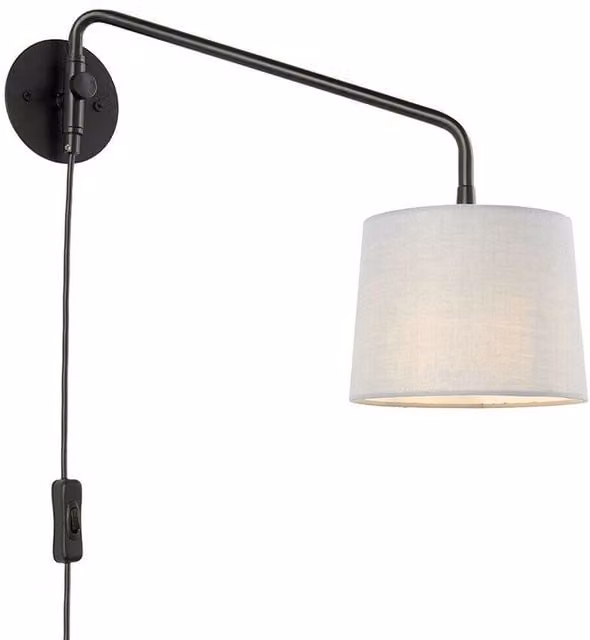 Loops Adjustable Swing Arm Wall Light with Matt Black Metal and Grey Fabric Shade, Mains Plug-in