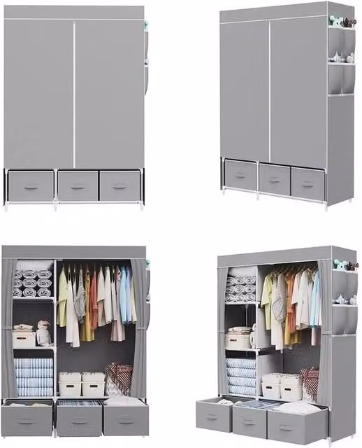KORVIXA Large Grey Fabric Canvas Wardrobe with Doors and Drawers – 1