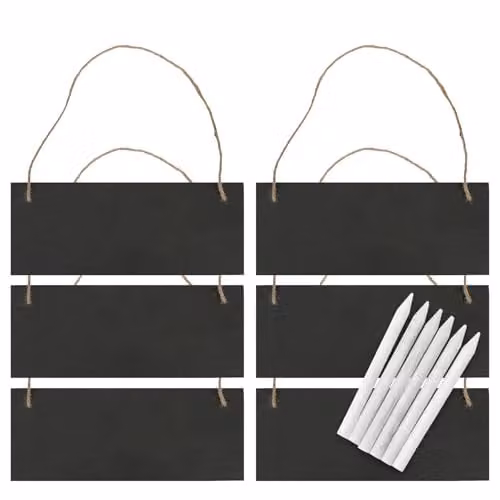 Nicola Spring Pack of 6 Rectangle Slate Memo Boards with Rope and Chalk Pencils, Black, W: 25 cm, H: 10 cm – 1