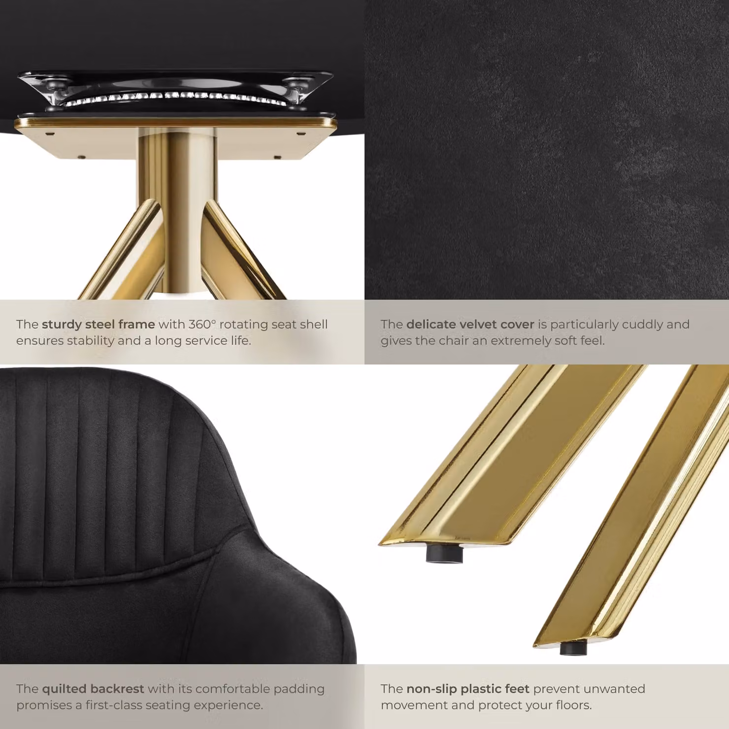 tectake Lona Set of 6 Velvet Armchairs in Black and Gold with 360 Degree Swivel and Armrests – 5