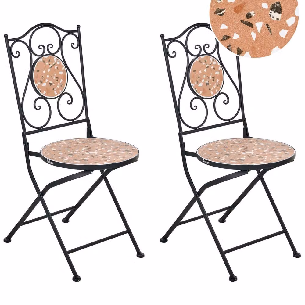Wyld and Coco Set of 2 Black Metal Vintage Garden Chairs with Terrazzo Ceramic Insets – 2