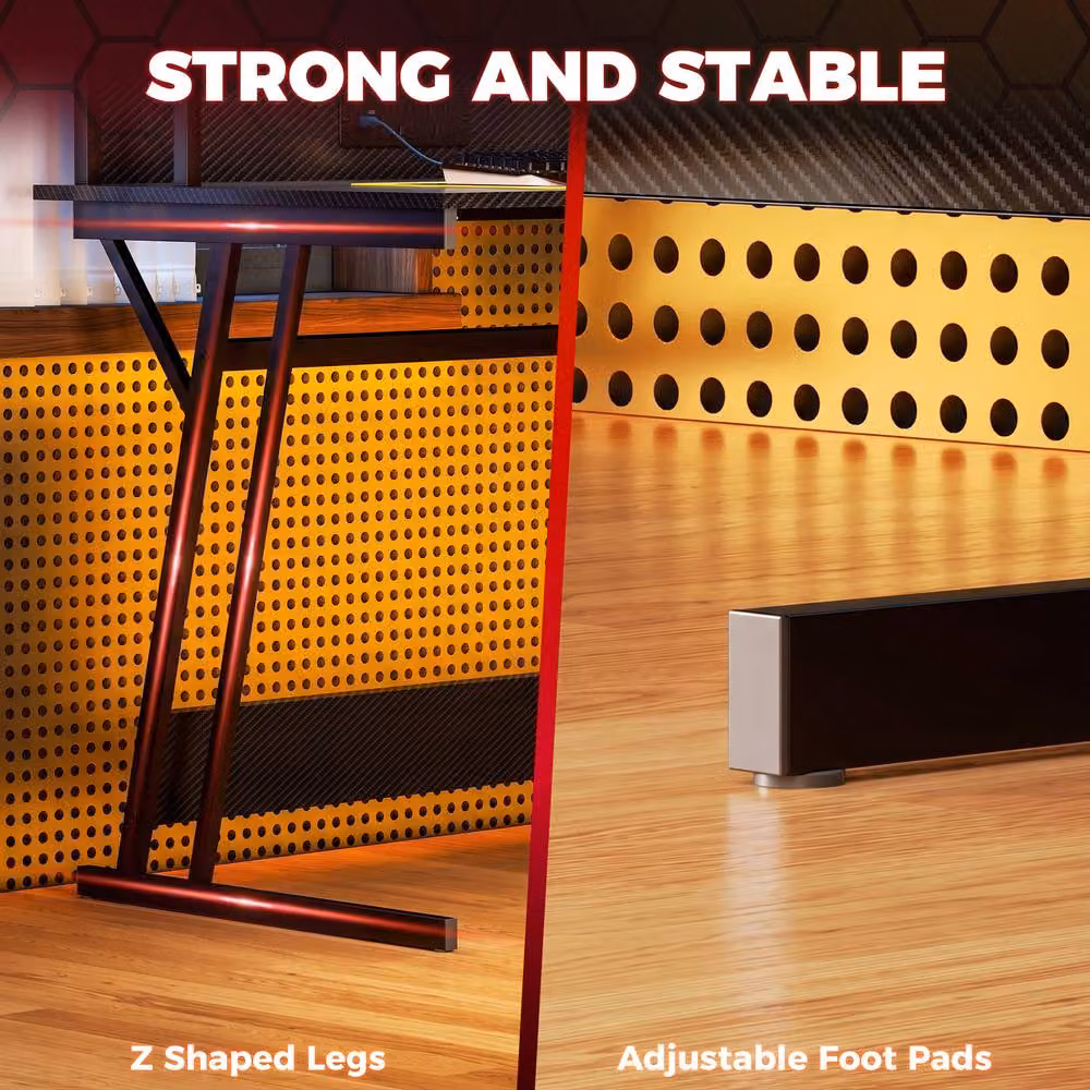 Rolipo Two-Level LED Gaming Desk in Black with Matt MDF Laminate and Metal Frame – 7