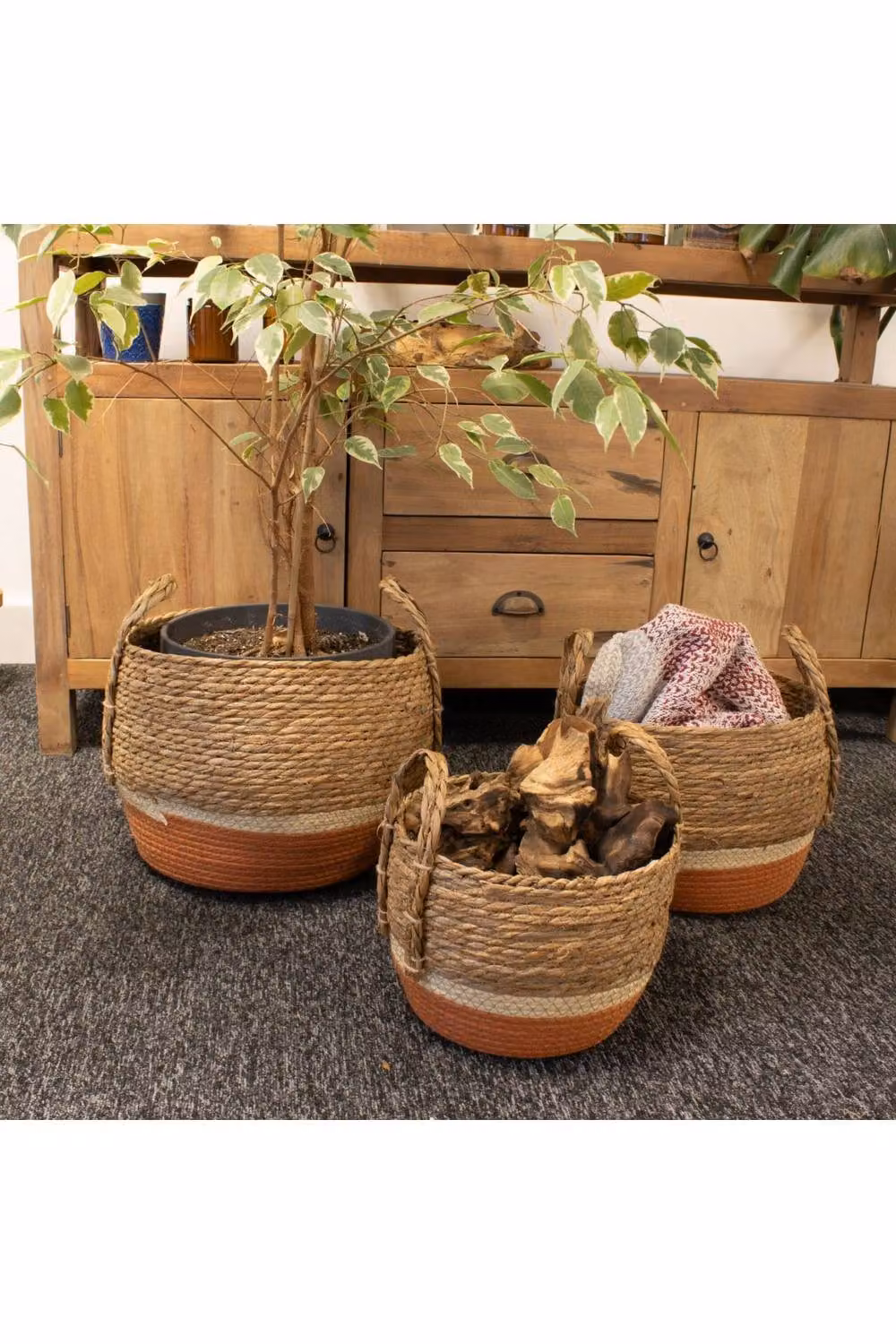 KDMD Set of 3 Natural Orange Straw and Seagrass Open Weave Storage Baskets with Handles – 3
