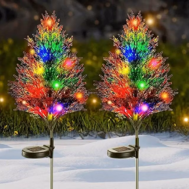 SPETLEK 2x Multicolour LED Solar Christmas Tree Stake Lights with Ground Spike, Black, H 100 cm x W 15 cm – 1