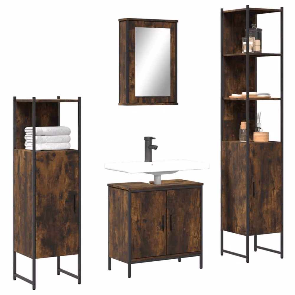 Berkfield Home 4 Piece Industrial Bathroom Furniture Set in Smoked Oak and Brown – 2