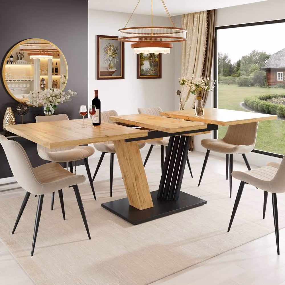 ModernLuxe Extendable Rectangular Dining Table with Brown Wood Grain MDF Laminate Top – 3