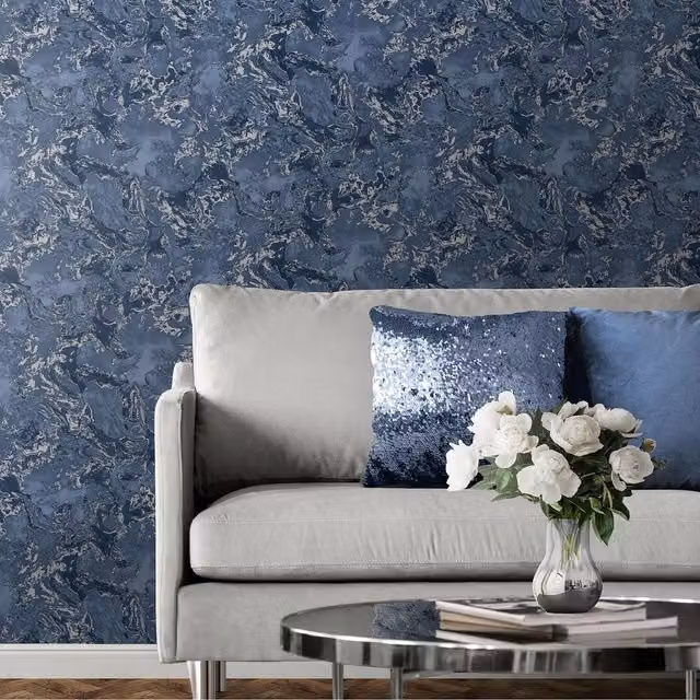 Muriva Elixir Abstract Liquid Marble Effect Wallpaper in Blue and Silver