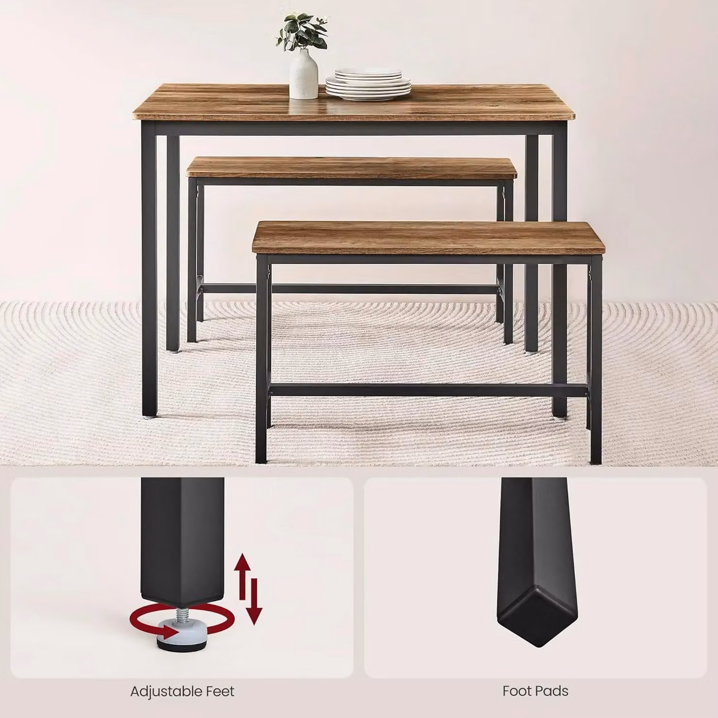 VASAGLE 3 Piece Industrial Style Dining Table and Benches Set in Brown – 4