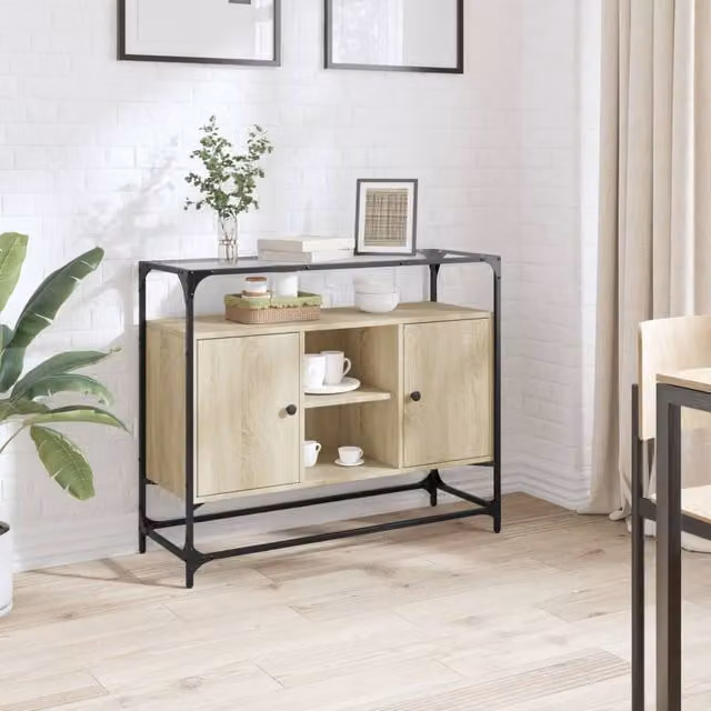 Berkfield Home Sonoma Oak Sideboard with Glass Top in Brown, W/D/H: 98 x 35 x 81 cm