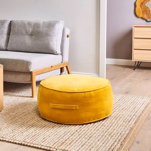 Wyld and Coco Yellow Velvet Round Cylindrical Pouffe Ottoman Footstool