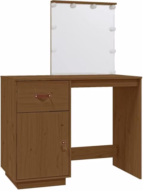 Berkfield Home Rustic Solid Wood Pine Dressing Table with LED in Honey Brown, W: 95 cm, D: 50 cm, H: 133.5 cm