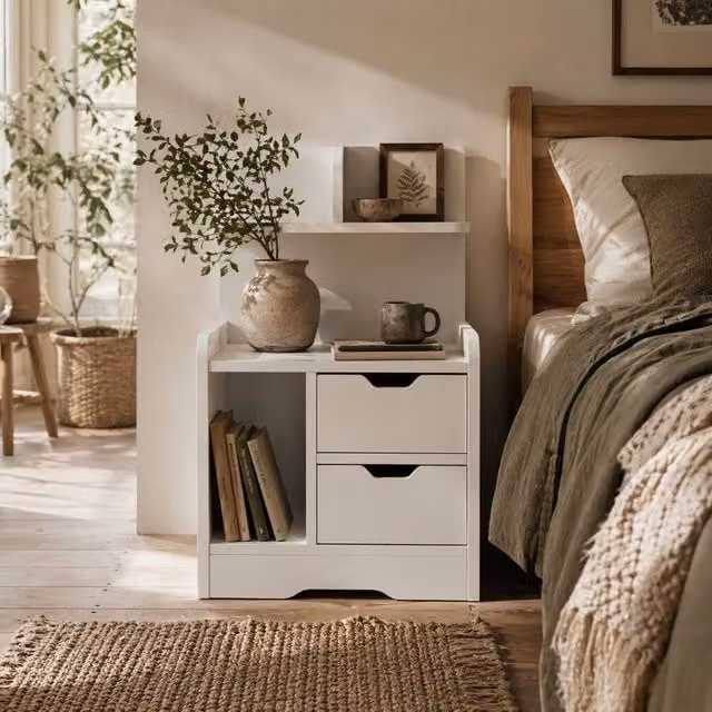 Wyld Haus Sora Nico High Gloss White Bedside Table with 2 Drawers and Open Shelves W/D/H: 40 x 30 x 60 cm – 1