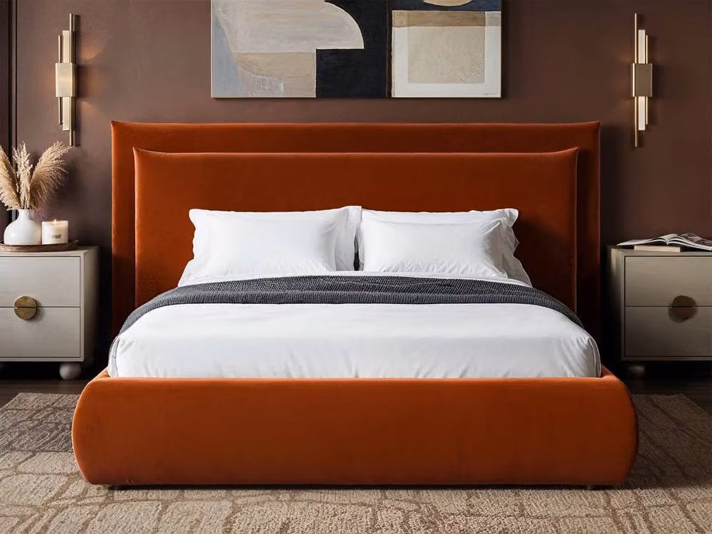 Solace+Co Sigrid Ottoman Bed in Burnt Orange Velvet with Cushion Headboard, W/D/H: 180 x 200 x 108.5 cm – 2