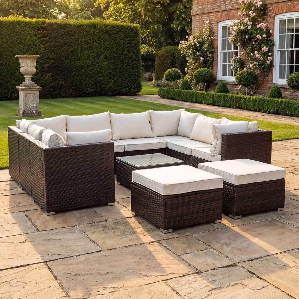 Artemis Home Oliena 10 Seat Modular Rattan Small U-Shape Garden Furniture Set in Brown – 2