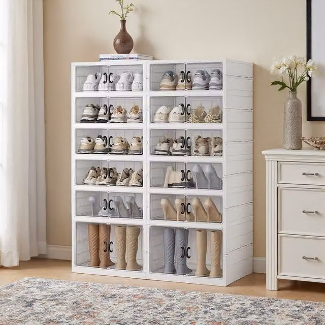 Lifeideas Foldable Shoe Cabinet with Tall Bottom Box, Transparent and White, Height: 118 cm