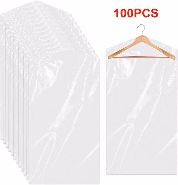 FLAVORA 100 Pack Transparent Plastic Garment Covers for Clothes, Suits and Dresses, Width: 50 cm