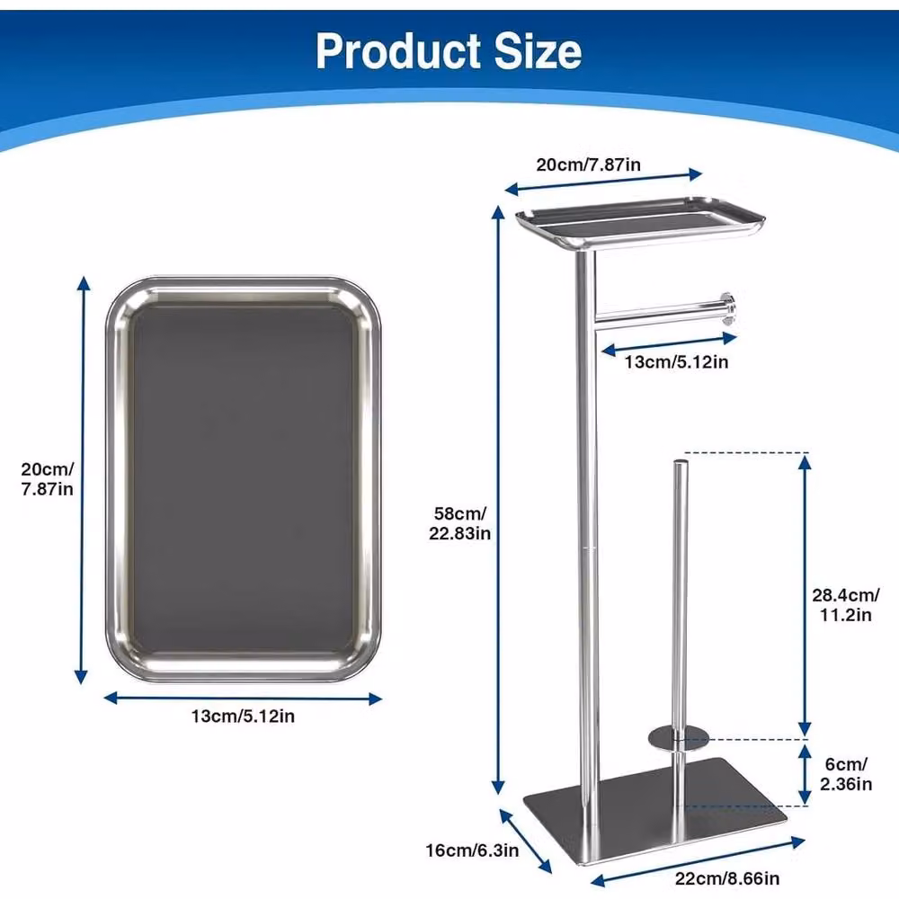 VOGREX Elegant Modern Freestanding Stainless Steel Toilet Paper Holder with Spare Roll Holder in Silver, H 58.0 cm x W 22.0 cm x D 16.0 cm – 2