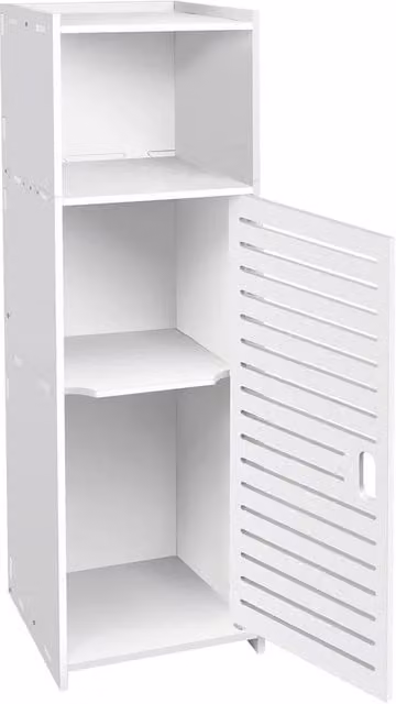 Nordara White Corner Bathroom Cabinet with Hinged Doors and Open Shelf, W/D/H: 70 x 23 x 65 cm – 1