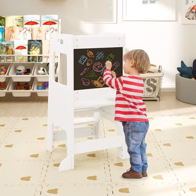 COSTWAY Kids Kitchen Step Stool with Chalkboard in White
