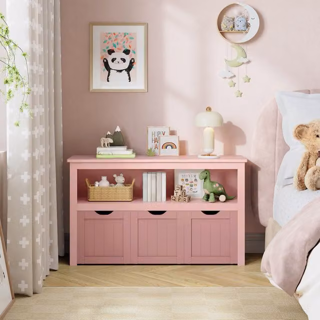 VASAGLE Pink Toy Storage Cabinet for Kids with Wheels and Adjustable Shelves