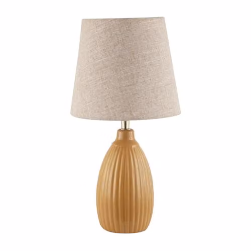 Happy Homewares Yellow Ceramic Etched Lined Table Lamp with Beige Fabric Shade, Height: 25 cm