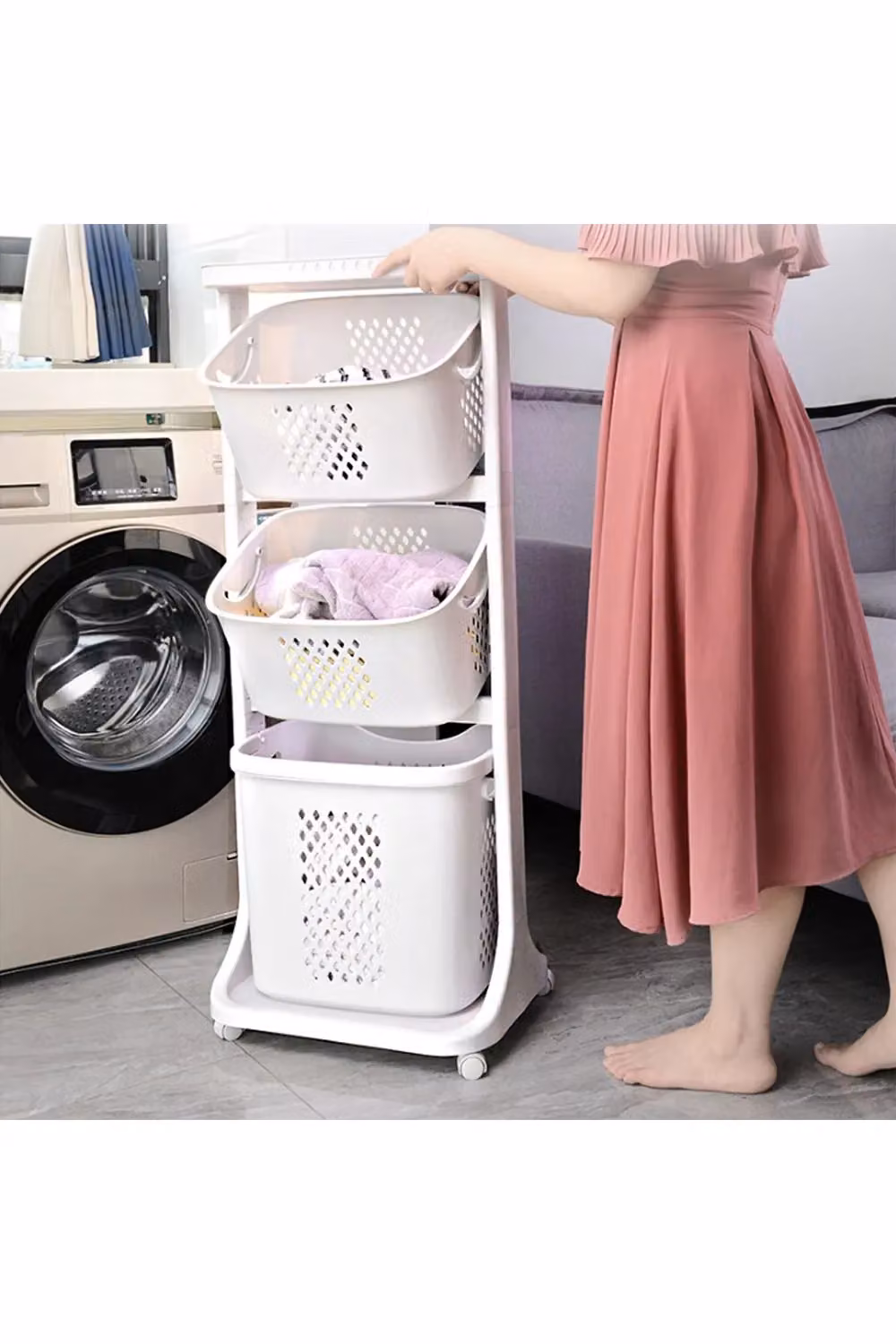 Living and Home 3 Compartment Rotatable Laundry Basket Sorter Cart with Wheels, White – 2