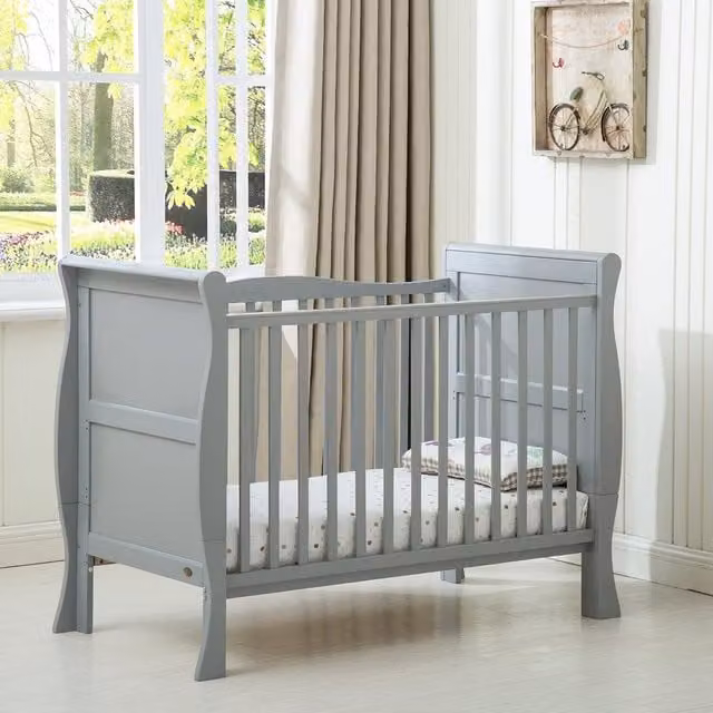 Mcc Direct Savannah Sleigh Solid Wood Baby Cot Bed with Mattress, Grey, 120 x 60 cm