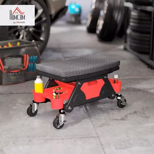 HOMCOM Rolling Mechanic Stool with Padded Creeper Seat, Black and Red – 2