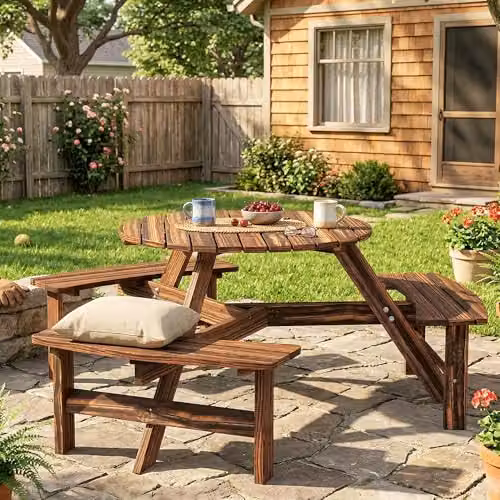 Outsunny 6 Seater Carbonised Wood Garden Dining Set with Table and Benches in Brown – 7