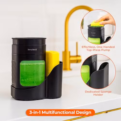 Innoteck 3-in-1 Kitchen Sink Organiser with Dual Soap Dispenser and Sponge Holder, Black – 2