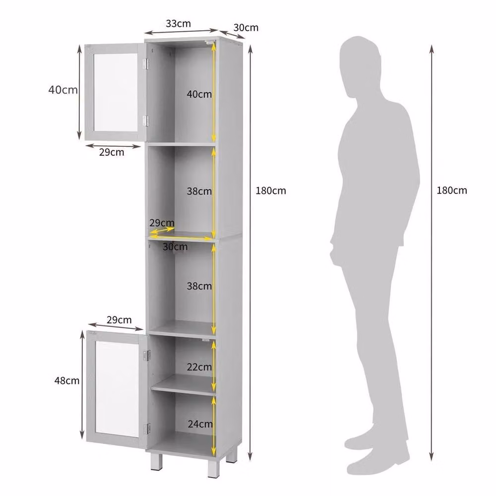Kelvenix Modern Slim Free-Standing Tall Bathroom Cabinet in Grey with Glass Doors and Internal Shelves, H: 180 cm – 2