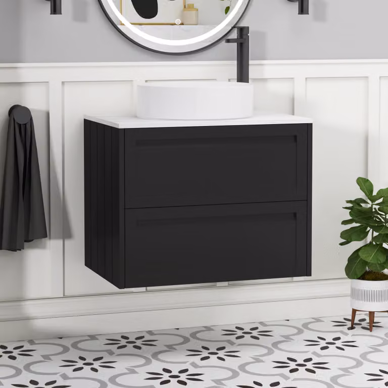 Royal Bathrooms Elmore 700mm Wall Hung 2 Drawer Vanity Unit in Matt Nocturne Black with Carrara White Worktop