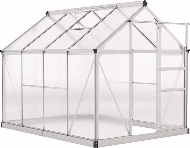 Outsunny Walk-In Greenhouse with Sliding Door and Gable Roof, Transparent Polycarbonate and Aluminium Garden Greenhouse, W/D/H: 182.88 x 243.84 x 201 cm